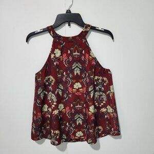 Moon River Burgundy Red Halter Floral Sleeveless Fully Lined Top Blouse - Small